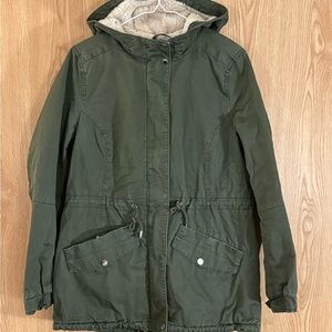H&M Olive Sherpa Fleece Lined Hooded Utility Jacket
